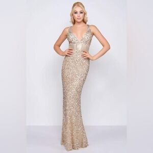 Mac Duggal Sequined Plunging V-Neck Sheath Dress 4930L Nude/Gold size 0